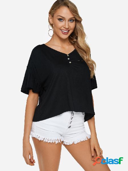 Black Button Design V-neck Half Sleeves Summer Top