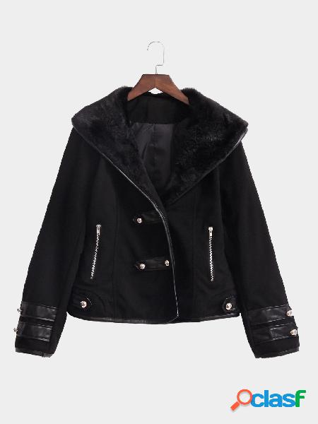 Black Button Embellished Short Coat with Fur Collar