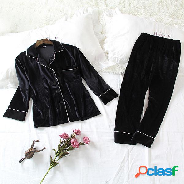 Black Button Up Velvet Pajama Set