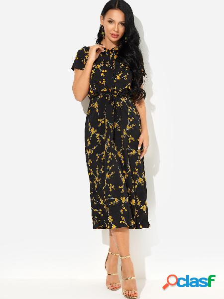 Black Button-down Short Sleeve Floral Drawstring Wasit Maxi