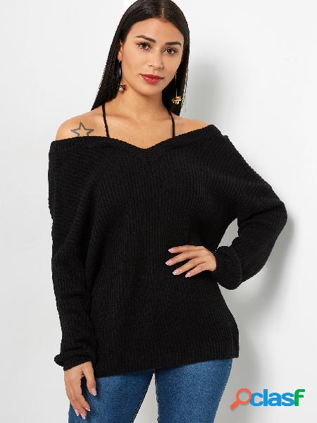 Black Cable Knit Plain Halter Long Sleeves Sweaters