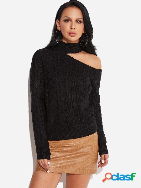 Black Cable Knit Plain One Shoulder Long Sleeves Sweaters
