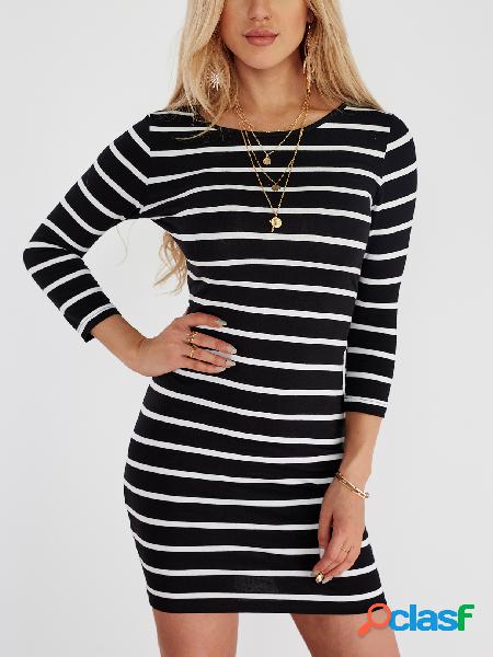Black Casual Stripe Round Neck 3/4 Length Sleeves Mini Dress