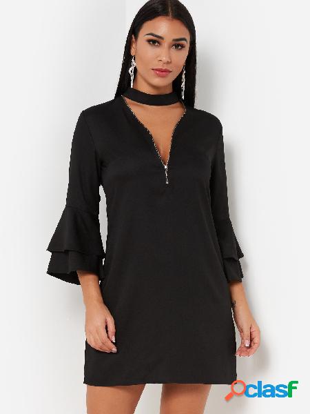 Black Chocker Neck Bell Sleeves Zip Design Dress
