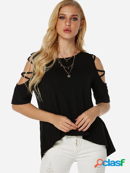 Black Cold Shoulder Criss-cross Design Sleeves T-shirt