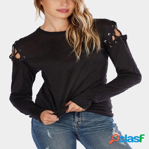 Black Cold Shoulder Strappy Long Sleeves T-shirt