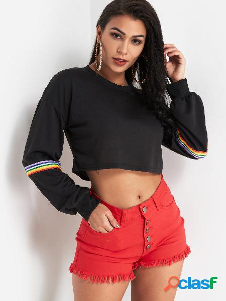 Black Colorful Pinstripe Print Pullover Crop Sweatshirt
