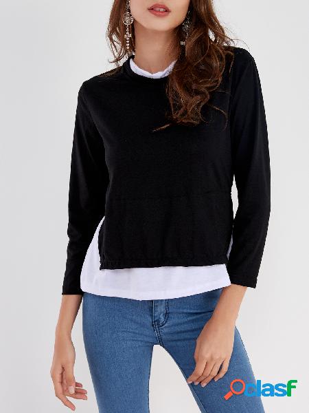 Black Cozy Round Neck Long Sleeves Slit Side Two in One Top