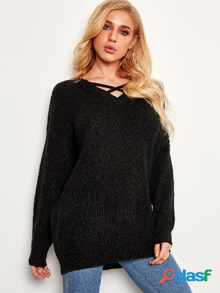 Black Criss-cross Plain V-neck Long Sleeves Loose Sweaters