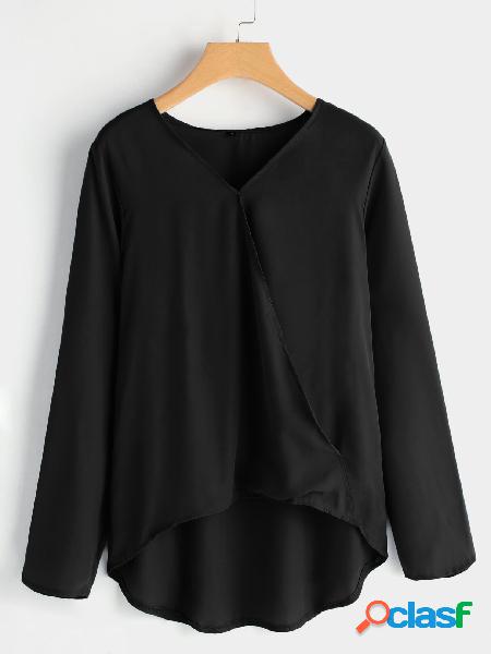 Black Crossed Front Design Plain V-neck Long Sleeves Chiffon