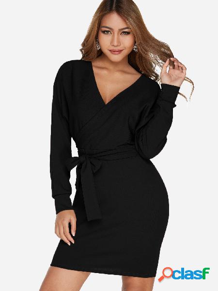 Black Crossed Front Design V-neck Long Sleeves Dress with