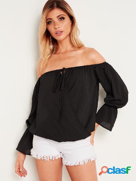 Black Crossed Front Off Shoulder Bell Sleeves Blouse