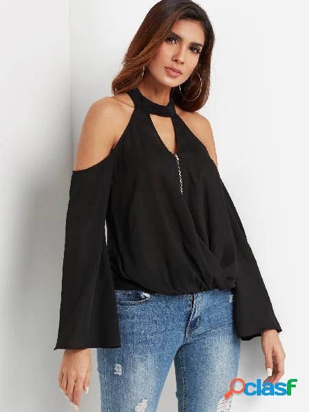 Black Cut Out Cold Shoulder Bell Sleeves Blouse