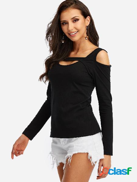 Black Cut Out Cold Shoulder Long Sleeves Casual Tee