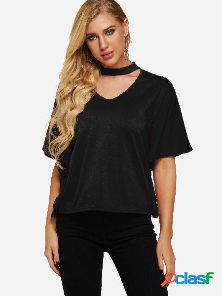 Black Cut Out Halter Half Sleeves Casual Top