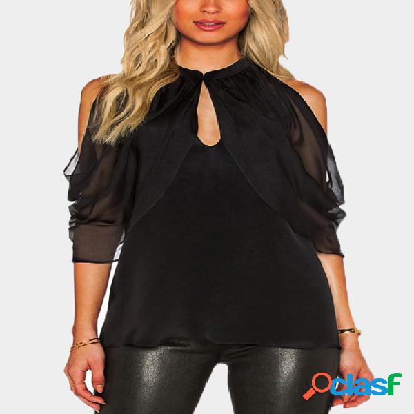 Black Cut Out Plain Cold Shoulder 3/4 Length Sleeves See
