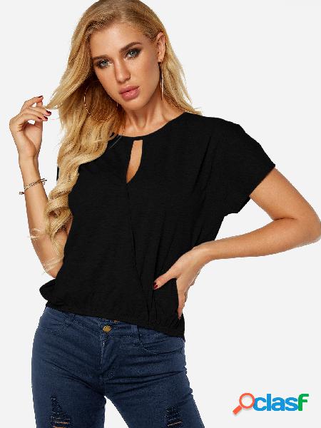 Black Cut Out Round Neck Short Sleeves Top