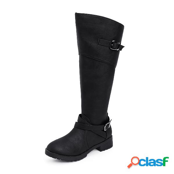 Black Double Buckles Wide Calf Boots