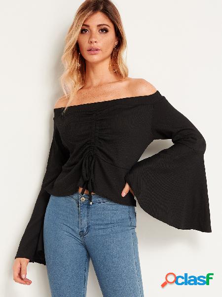 Black Draw Rope Design Off The Shoulder Long Sleeves Sweater