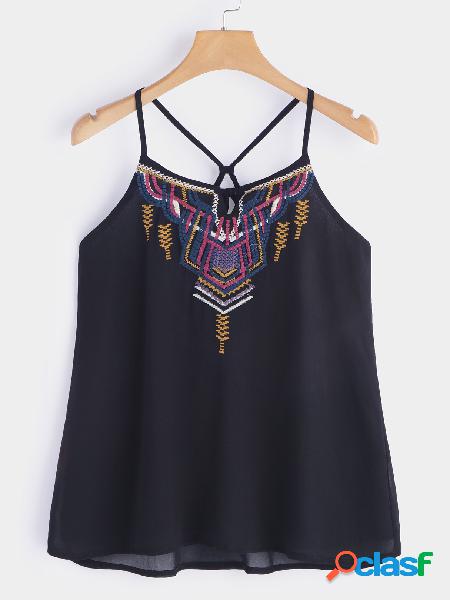 Black Embroidered Pattern Camis Top