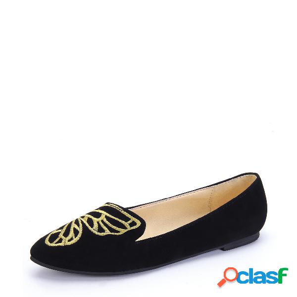 Black Embroidered Point Toe Flat