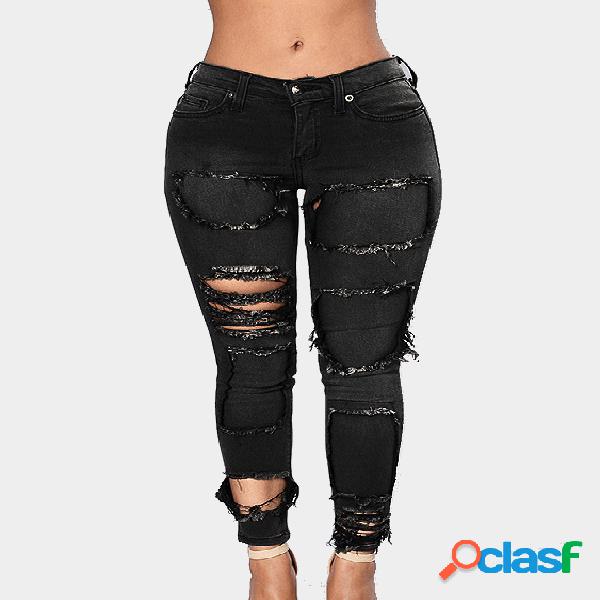 Black Fashion Style Random Ripped Jeans
