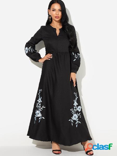 Black Floral Embroidered Puff Sleeves Zipper Front Maxi