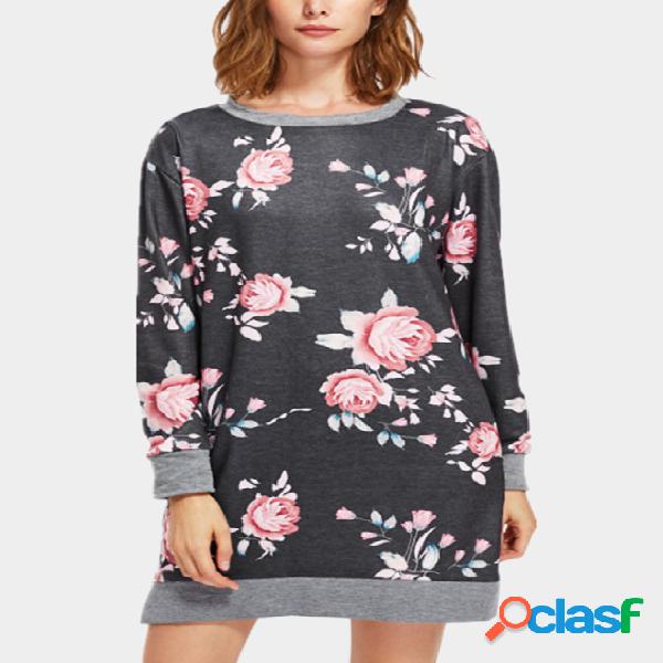 Black Floral Print Round Neck Long Sleeves Sweatshirt