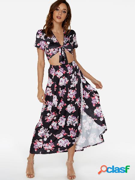 Black Floral Print Self-tie Design Crop Top with Slit Skirt
