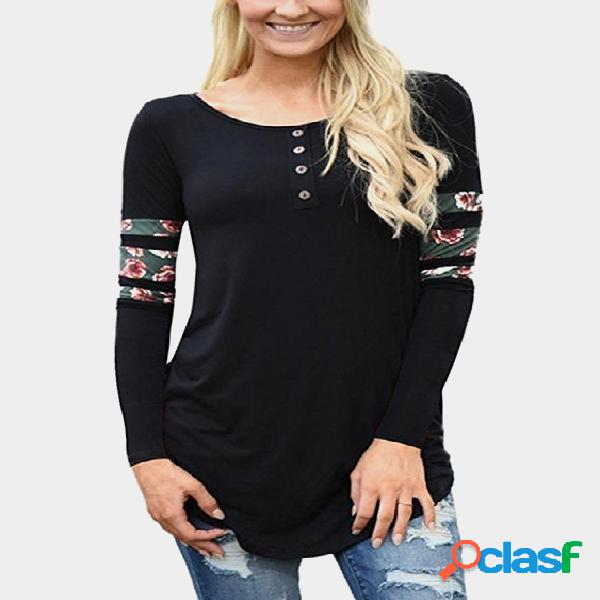 Black Floral Stitching Round Neck Long Sleeves T-shirt