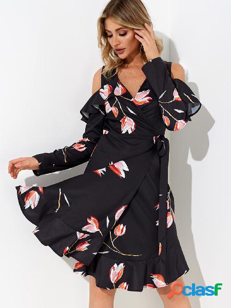 Black Flounced Details Random Floral Print Cold Shoulder