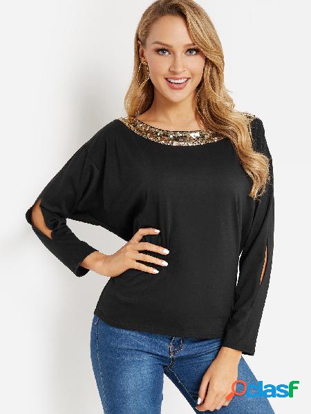 Black Gloss Sequins Round Neck Long Sleeved Cutout Top