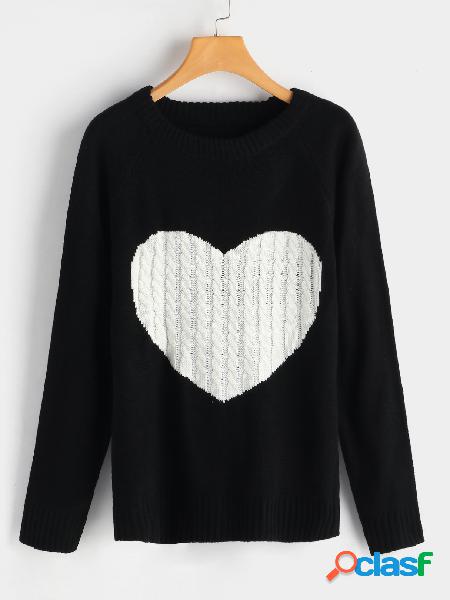 Black Heart Hattern Round Neck Long Sleeves Knitted Sweater