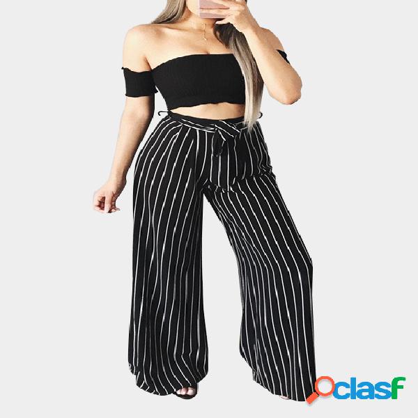 Black High-rise Flare Stripe Pants with Self-tie Waist