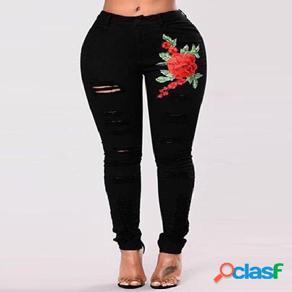 Black High-waisted Embroidered Ripped Skinny Jeans