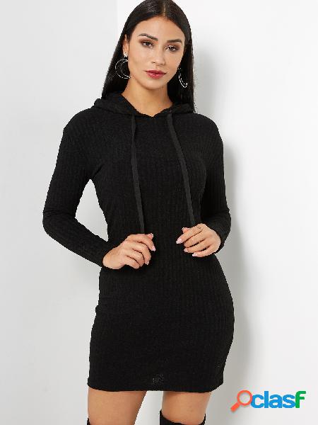 Black Hooded Design Long Sleeves Knitted Dress