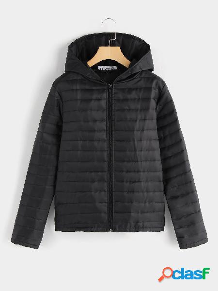 Black Hooded Design Long Sleeves Zip Front Fastening Coat