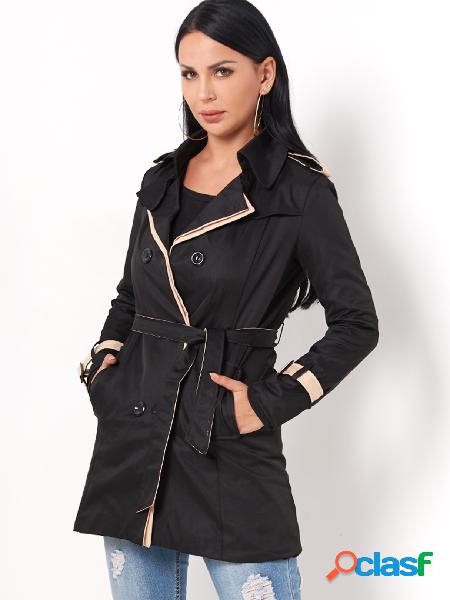 Black Lapel Collar Double Breasted Self-tie Waisted Trench
