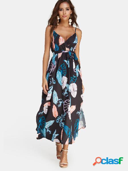 Black Leaf Print V-neck Sleeveless Tie-up Design Slit Maxi