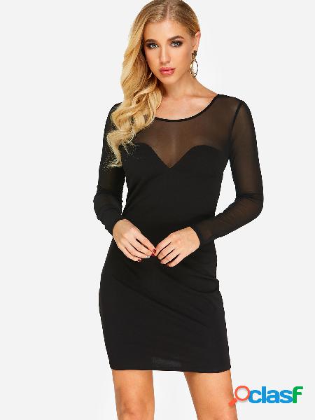 Black Mesh Design Long Sleeves Mini Dress