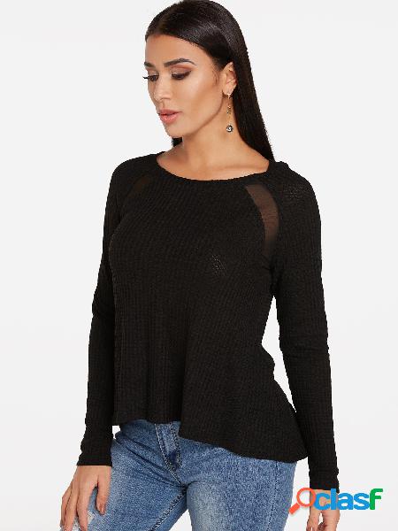 Black Mesh Details Round Neck Long Sleeves Knitted Top