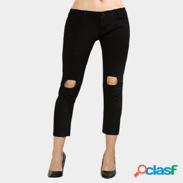 Black Middle-waist Ripped Details Jeans
