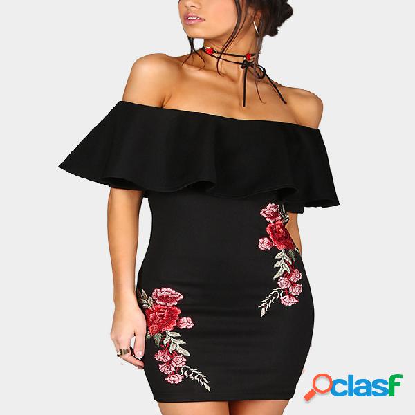 Black Off Shoulder Embroidered Tiered Dress