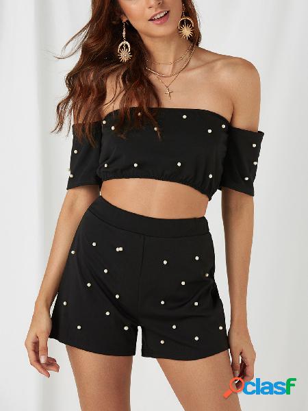 Black Off-The-Shoulder Bead Design Short Sleeves Two Pieces