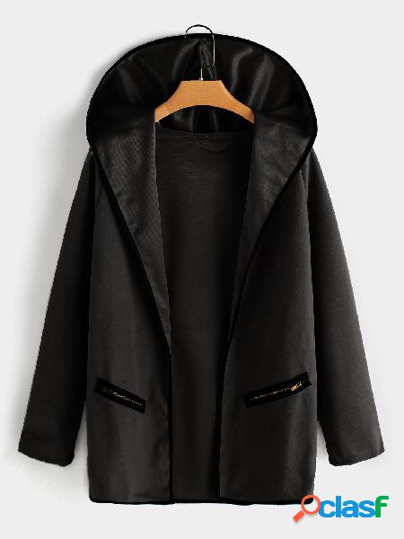 Black Open Front Zip Pockets Coat With Big Lapel Collar