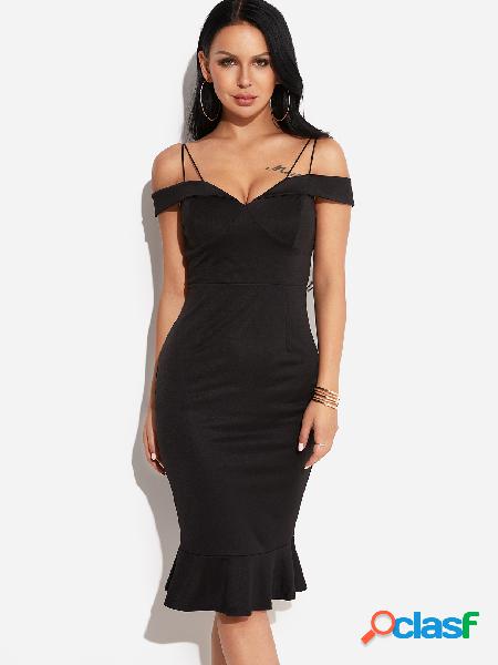 Black Open Shoulder Fishtail Midi Dress