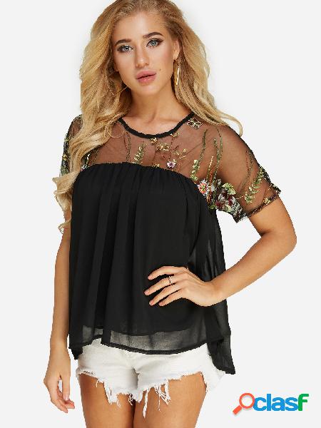 Black Parially Lined Embroidered Crew Neck Mesh Top