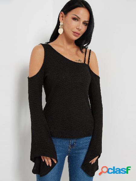 Black Plain Asymmetrical Cold Shoulder Long Bell Sleeves