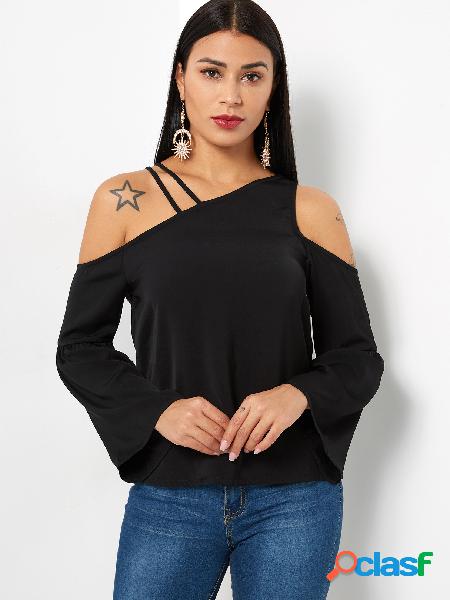 Black Plain Asymmetrical Shoulder Bell Sleeves T-shirts