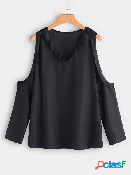 Black Plain Cold Shoulder Flounced Details V-neck & Long